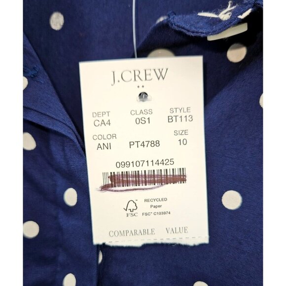 J Crew Short Sleeve Collared Mini Dress Polka Dots Navy Blue White Sz 10 NEW - Picture 7 of 13